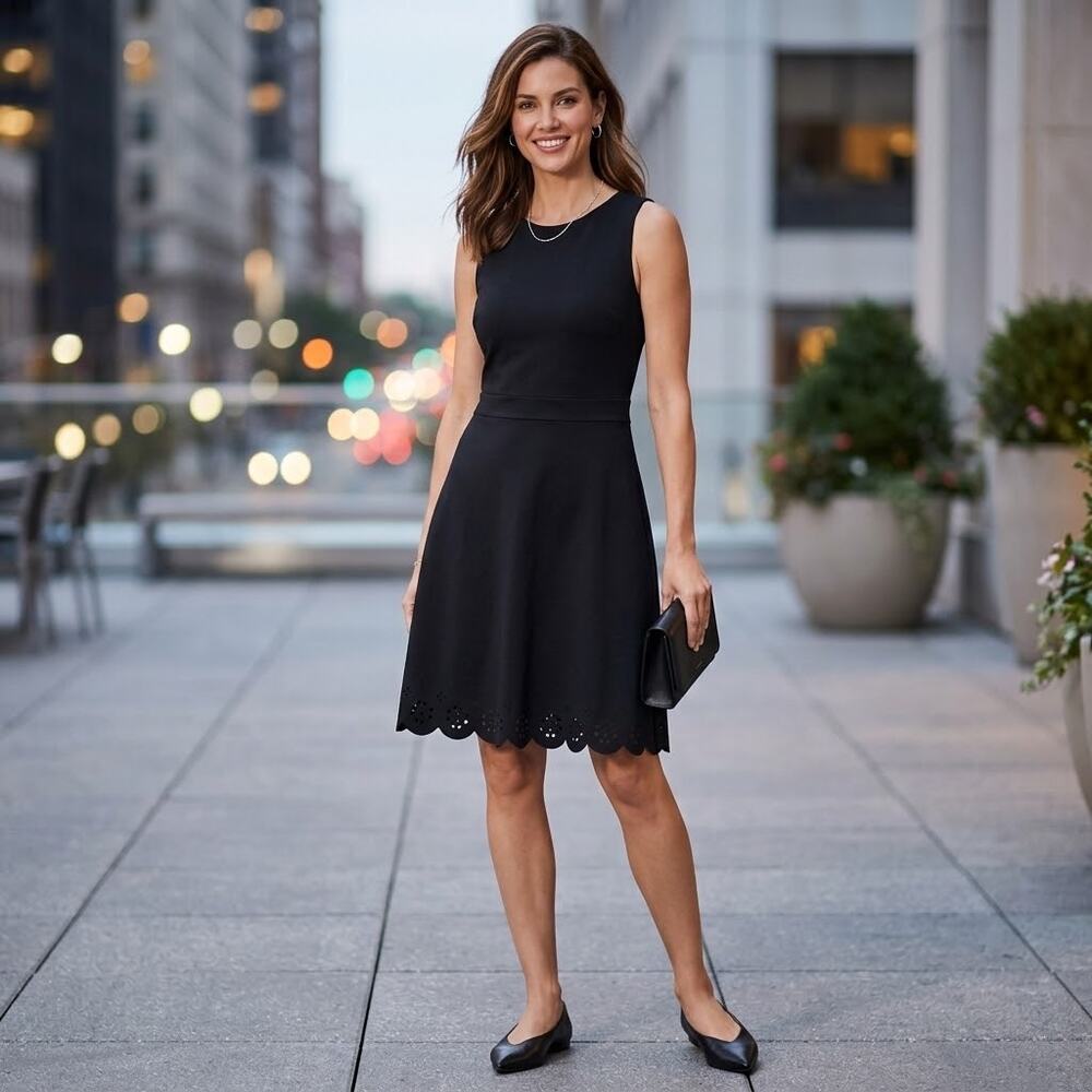 LOFT Black Sleeveless A-Line Dress w/ Laser Cut Scallop Hem Size 6